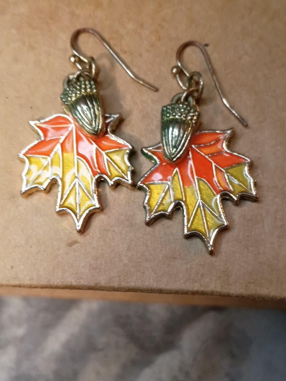 Source Unknown Enamel Maple Leaf & Acorn Earrings - Orange and Yellow